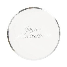 Assiettes Joyeux Anniversaire blanc/argent&eacute;