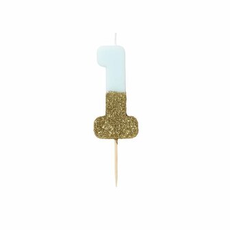 Bougie chiffre 1 bleu et paillettes dor&eacute;es