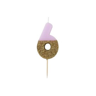 Bougie chiffre 6 rose et paillettes dor&eacute;es
