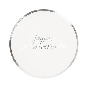 Assiettes Joyeux Anniversaire blanc/argent&eacute;