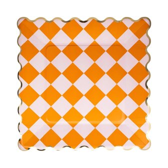 Assiettes carr&eacute;es &agrave; carreaux Orange et rose