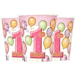 Gobelets 1 an ballons roses 