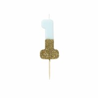 Bougie chiffre 1 bleu et paillettes dorées